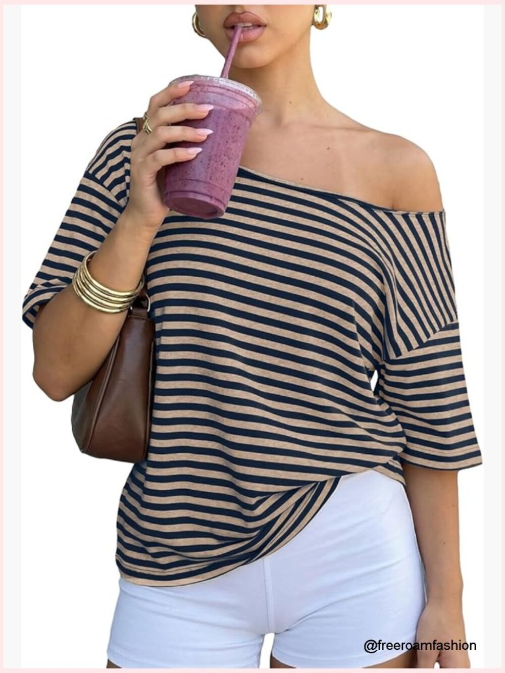 Oversized Off Shoulder Striped Tee Top Y2K Clean Fit Short Sleeve T-Shirt